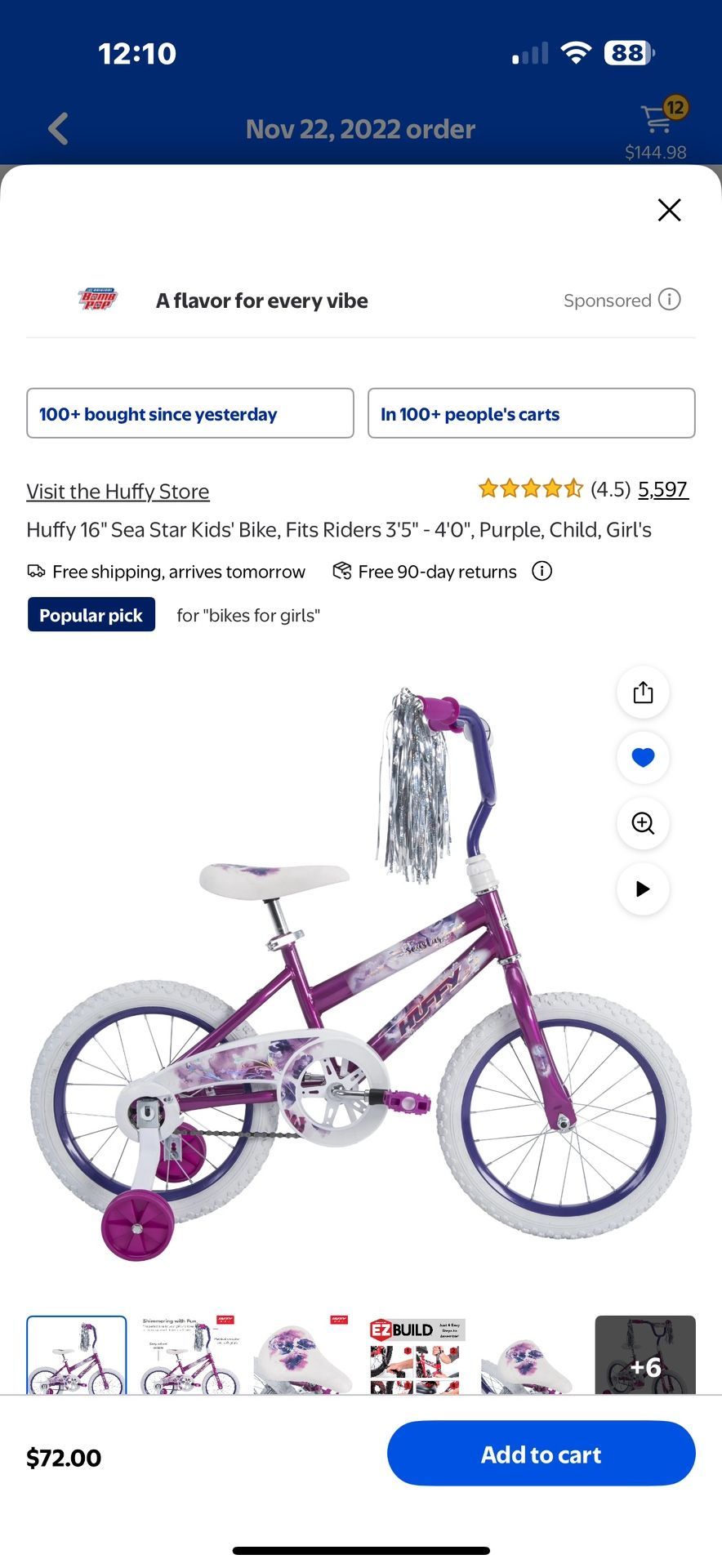 Huffy 16"' Sea Star Kids' Bike, Fits Riders 3'5" - 4'0", Purple, Child, Girl's