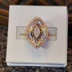 Round & Baguette Champagne & White Diamond Simulant Rose Gold Ring (NWT)