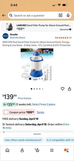 1000 GPH Pool Sand Filter Pump for Above ground Pools