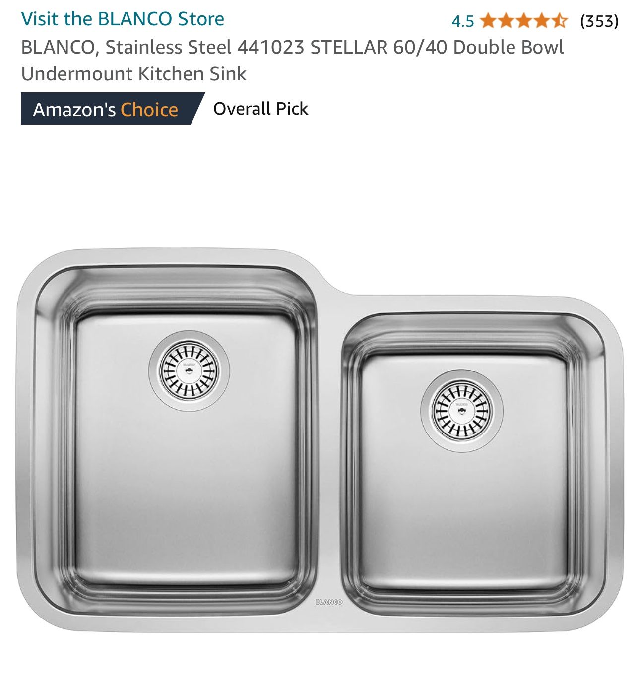 BLANCO, Stainless Steel 441023 STELLAR 60/40 Double Bowl Undermount Kitchen Sink