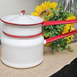 Vintage Enamel White And Red Double Boiler