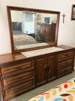 Vintage 1970s Mid-Century Brutalist Solid Wood Triple Dresser & Mirror