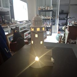 LED Lighthouse In Beautiful White Glazed Porcelain- Works Great 11.75" Tall 6.5" Wide 