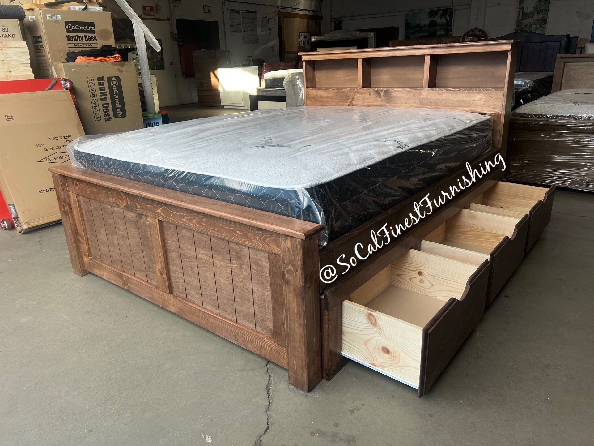 Brown Queen Bed With Drawers And Mattress