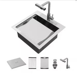 LORDEAR 21 in. x 20 in.Topmount Single Bowl 16-Gauge Stainless Steel Drop-In Workstation Bar Sink with Cover Board and Faucet