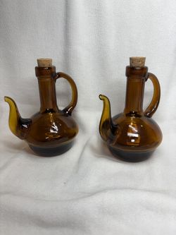 Two Amber Glass Oil & Vinegar Cruets 