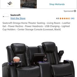 Seatcraft Omega Home Theater Seating - Living Room - Leather Gel - Power Recline - Power Headrests - USB Charging - Lighted Cup Holders - Center Stora