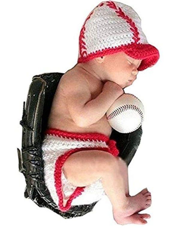 Baby Infant Photography Prop Costume Baseball Crochet Knitted Hat Diaper White