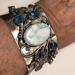 Larimar Blue Topaz Stamped Silver 925 Sterling Silver Cuff Bracelet 