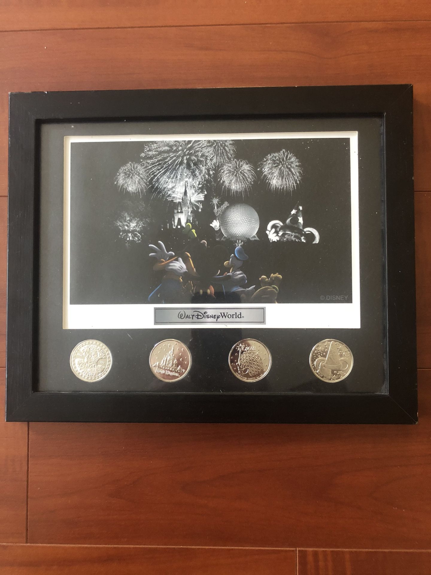 Walt Disney World park lithograph with 4 coin framed set