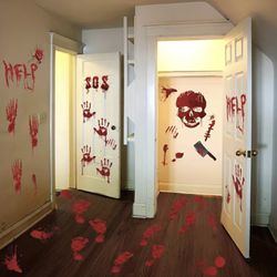 45pcs, Bloody Halloween Decorations Halloween Bloody Handprint Footprints Knife Stickers Window Wall Floor Clings Decals Horror Bathroom Zombie Party 
