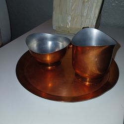 Mid Century Copper Sugar Creamer Set With Tray 