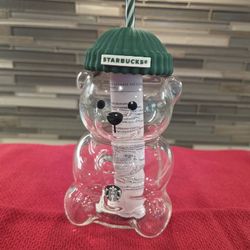NEW Starbucks Bearista Bear Cup – Glass Bear w/ Green Beanie Lid & Straw - Limited Edition 
