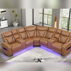Light Brown Leather power Reclining Sectional Sofa w/ Power Headrest Bluetooth Speakers LED USB  Ports Storage & Cupholders