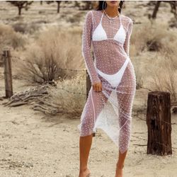 Women Sexy Pearl Mesh Swimwear Cover Up See Through Long Sleeve Sheer Rhinestone Beads Bikini Coverup Beachwear