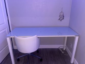 Glass Table and Leather Rolling Chair 