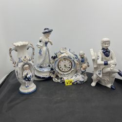 VNTG Lot of Victorian pieces, One clock, one musical lady and two men figurines