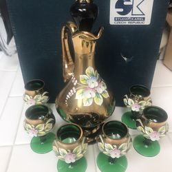 1 Hr Sale Only $80 Vintage 24k Gold & Emerald Green Glass Hand Made Decanter with 6 Shot Glasses, Bohemian     