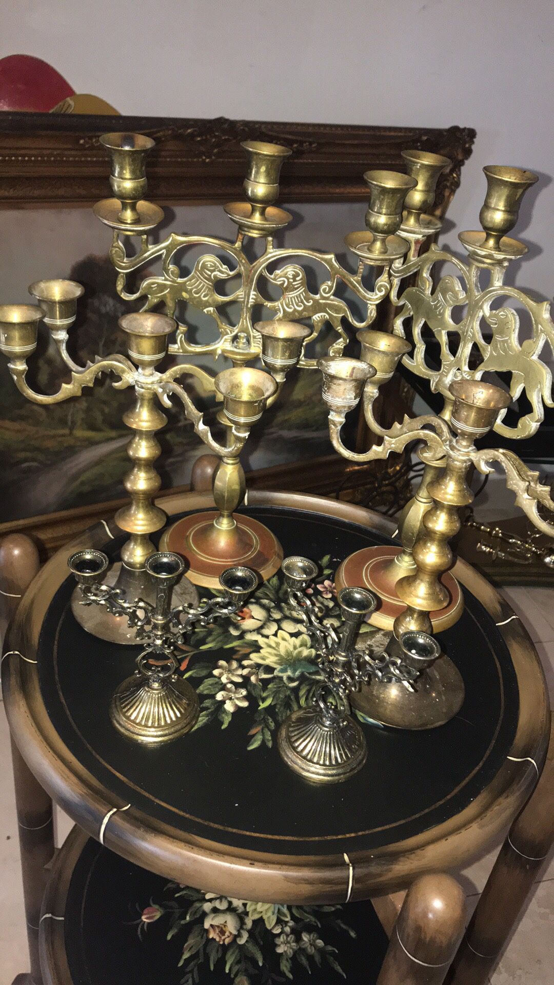 Three pairs of brass candle holders candelabra