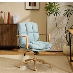 Comfy Linen Office Desk Chair With Wheels &Detachable Cushions& Wood-like Armrests,Swivel Sma
