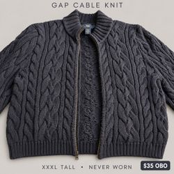 Gap Men’s Cable Knit Full Zip Sweater • XXXL Tall • Never Worn
