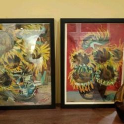 New Framed Thick Brush Stroke "Sunflower" Paintings (2)