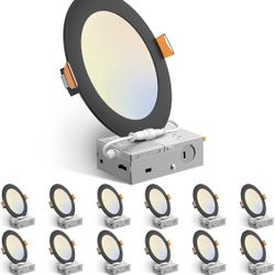Amico 12 Pack 6 Inch 5CCT Ultra-Thin LED Recessed Ceiling Light with J-Box, 2700K/3000K/3500K/4000K/5000K Selectable, 12W Eqv 110W, Dimmable Canless D