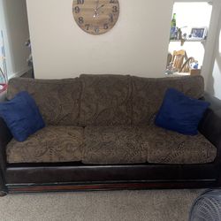 Brown Couch With Leather Arms, Wood Inlay