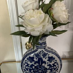 Blue And White Vase with artificial flowers