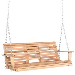 3-Seater Wooden Porch Swing, Patio Swing Bench with Folding Coffee Table, Cup Holders and Chains Included, 440lbs Weight Capacity, Natural 