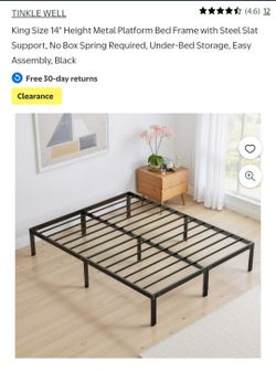New, open box. King Size 14" Height Metal Platform Bed Frame with Steel Slat Support, No Box Spring Required, Under-Bed Storage, Easy Assembly, Black