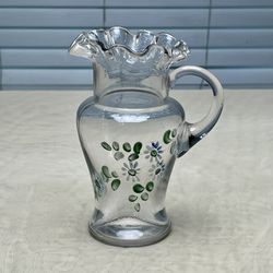 Anitque Victorian French Style Glass Pitcher Ruffled Rim Flowers