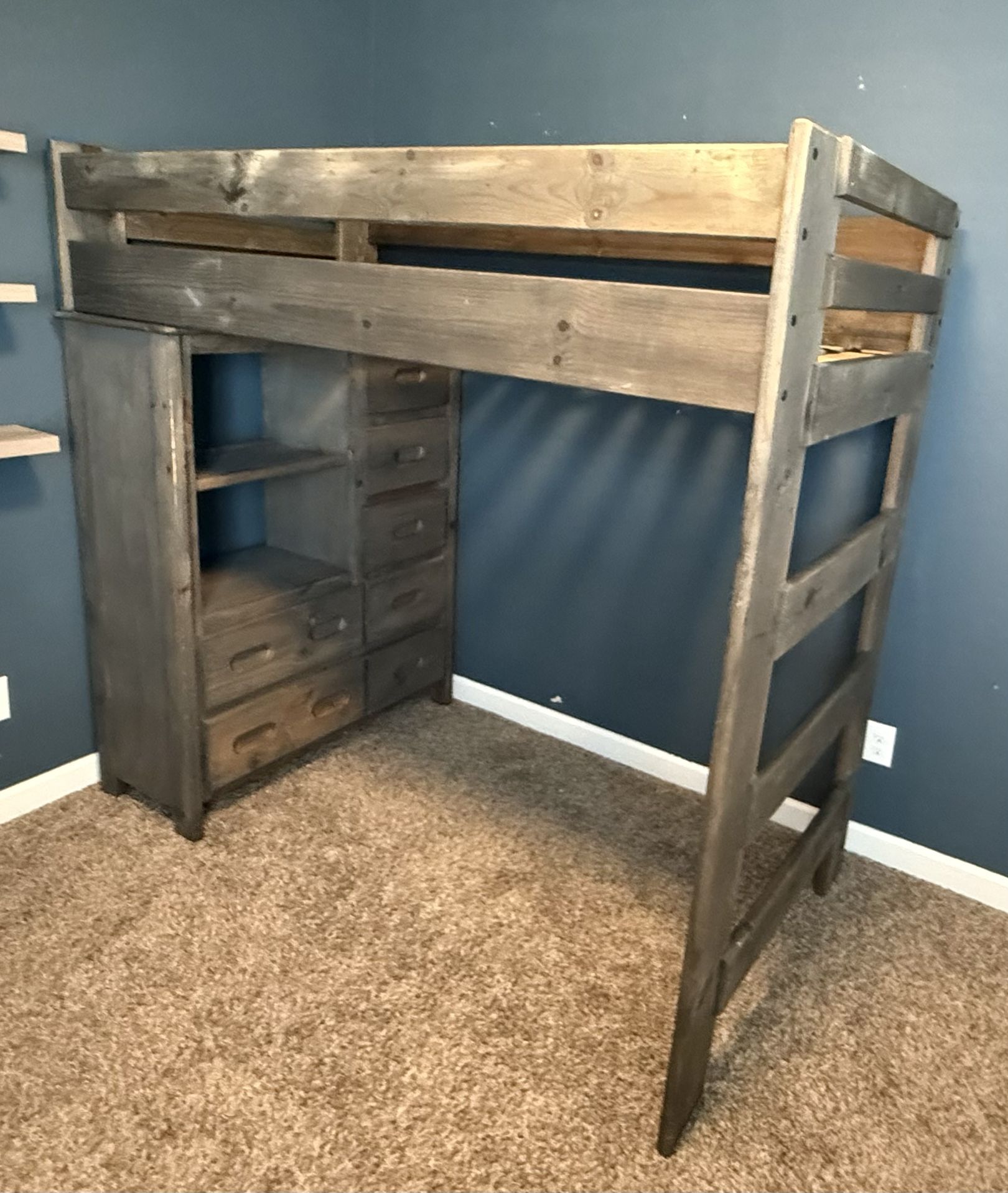 Rustic Solid Wood Loft Bed with Built-In Dresser and Shelving $400