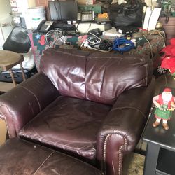 Soft Italian, leather chair, and ottoman