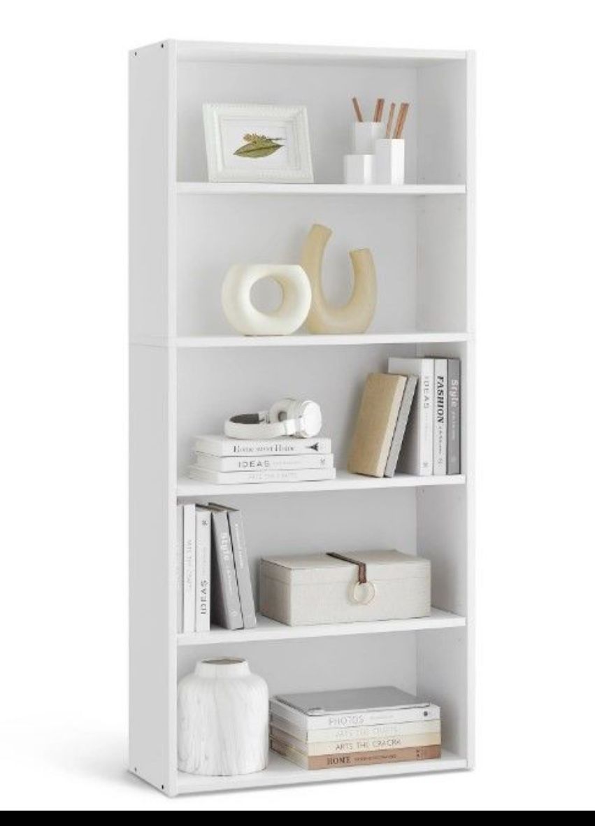 Bookshelf 5-Tier Open Bookcase with Adjustable Storage Shelves Floor Standing Unit White