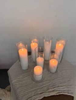 Set of 7 Real White Pillar Candles with Glass Hurricane Holders