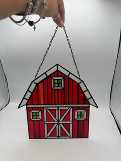 Stained Glass Barn Suncatcher: Red, White, Black Trim, Green Windows – Country Cottage Decor