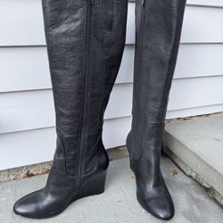 Nine West Heart Set Women’s Black Leather Zip Up Knee High Wedge Boots - 7 1/2