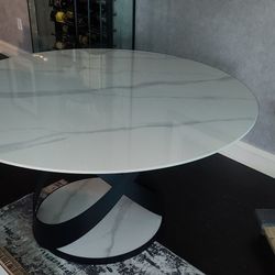 POVISON 59" Round Dining Table for 6, Glossy White Sintered Stone Dining Tabletop 