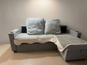 Gray L-Shaped Sleeper Sofa Bed w/ Storage Chaise & Cup Holders