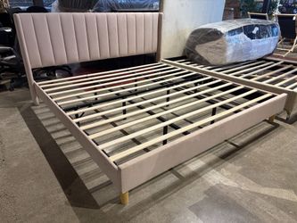Modern Tan Upholstered Platform King Size Bed Frame