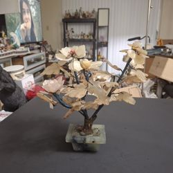 Vintage Mid 20th Century Chinese Jade & Hardstone Bonsai Decorative Art Tree W/Semi-Precious Stones Jade, Rose Quartz, Agate & Carnelian-Jade Pot 8.5"