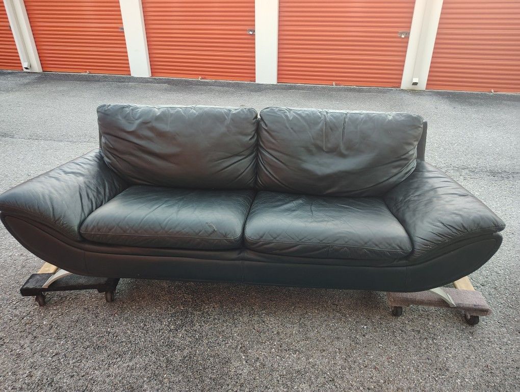Fund Raiser! Modern Black Leather Sofa / Loveseat - Oversized Cushions & Low Profile