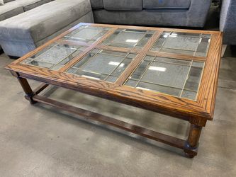 Extra Large Wooden Frame Coffee Table with 6 Leaded Textured Glass Top Inserts