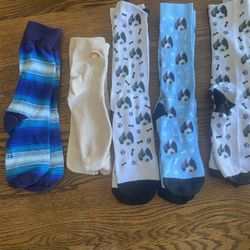 Preowned Collection Of 5 Patterened Cree & Knee High Socks Lds 9-11 Including Dog-themed Compression Socks
