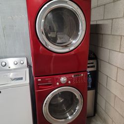 LG Front Load Washer And Stackable Gas Dryer Set In Red