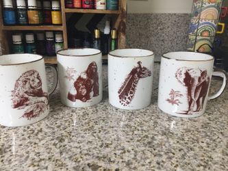 Set of 4 vintage San Diego Zoo Mugs retro cups speckled lion elephant giraffe gorilla zoological society