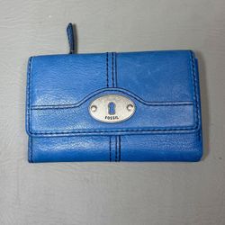 Fossil Clutch Trifold Blue Pebble Leather Organizer Wallet Vintage Pop Stitch