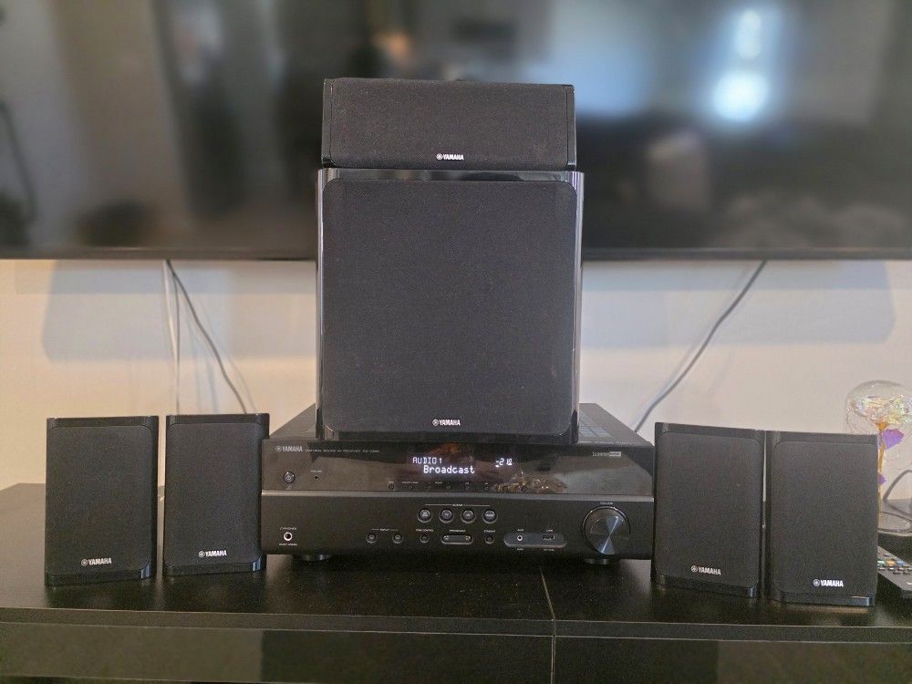 Yamaha 5.1 Home Theatre System – Like New – Full Set (Receiver + Subwoofer + 5 Speakers)”
