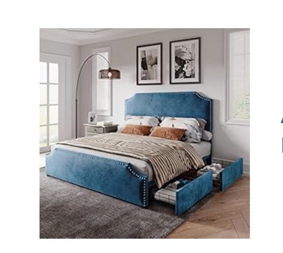 Queen Size Padded Headboard And Bed frame With Drawers